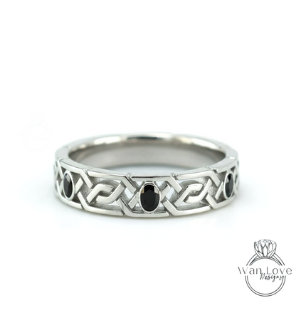 Celtic Knot Diamond Mens Wedding Band, Celtic Pattern Band, 14k White Gold Braided Ring, Mens Promise Band, Mans Birthstone Commitment Band