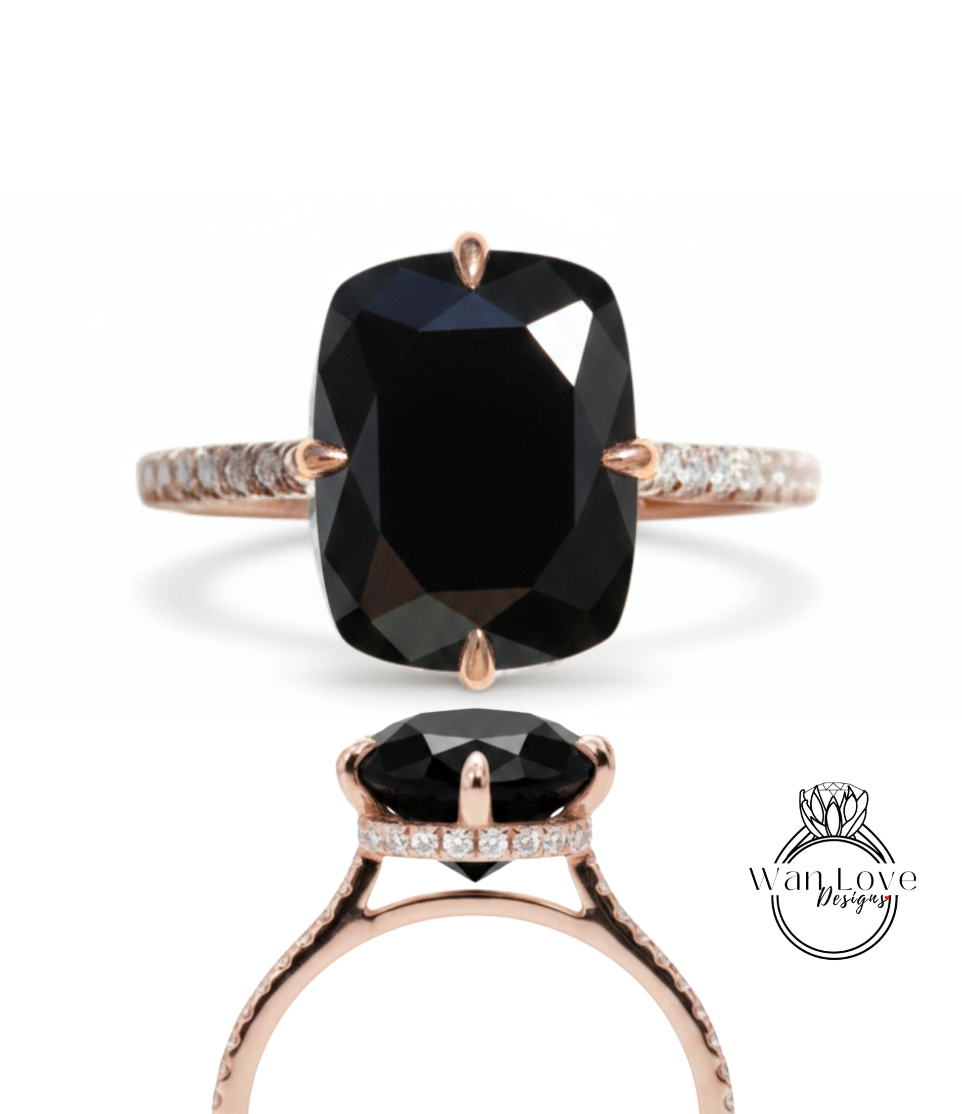 A large, black diamond ring with a rose gold band and a small diamond accent.