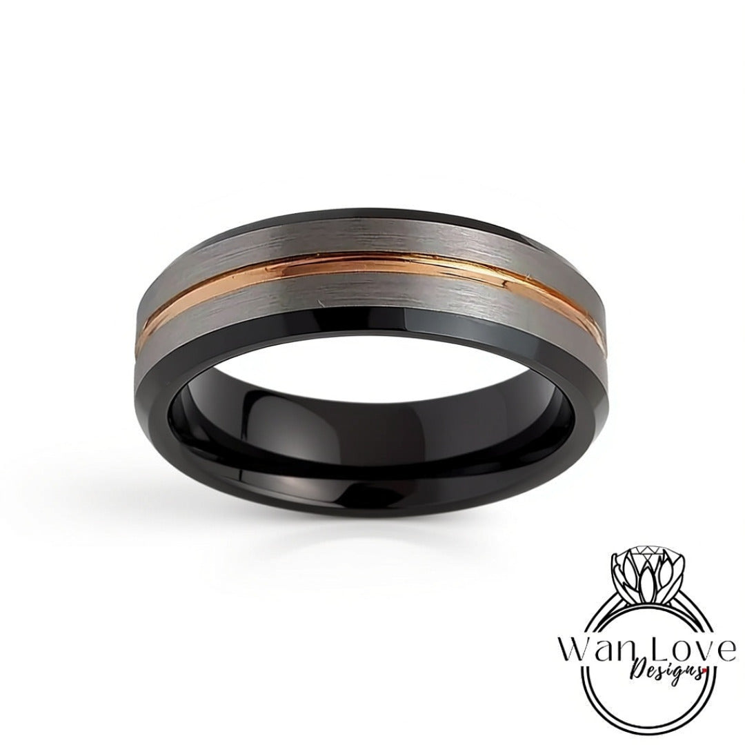 Rose Gold Black Tungsten Ring  - Mens Brushed Silver Beveled Wedding Band - Rose gold stripe, Mens 6mm Ring, Black Tungsten Wedding Ring Wan Love Designs