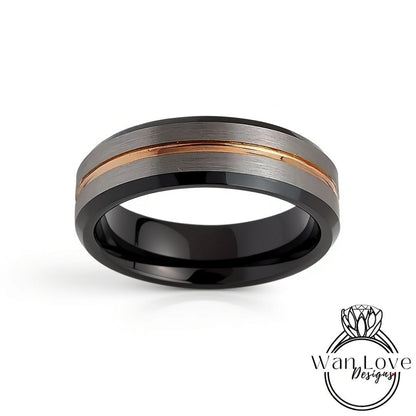 Rose Gold Black Tungsten Ring  - Mens Brushed Silver Beveled Wedding Band - Rose gold stripe, Mens 6mm Ring, Black Tungsten Wedding Ring Wan Love Designs