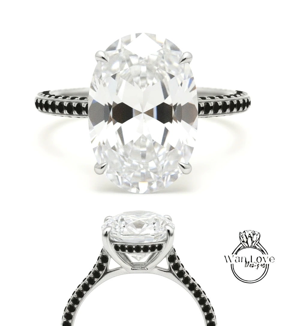 A large oval-shaped diamond engagement ring with a black band and smaller diamonds around the band.