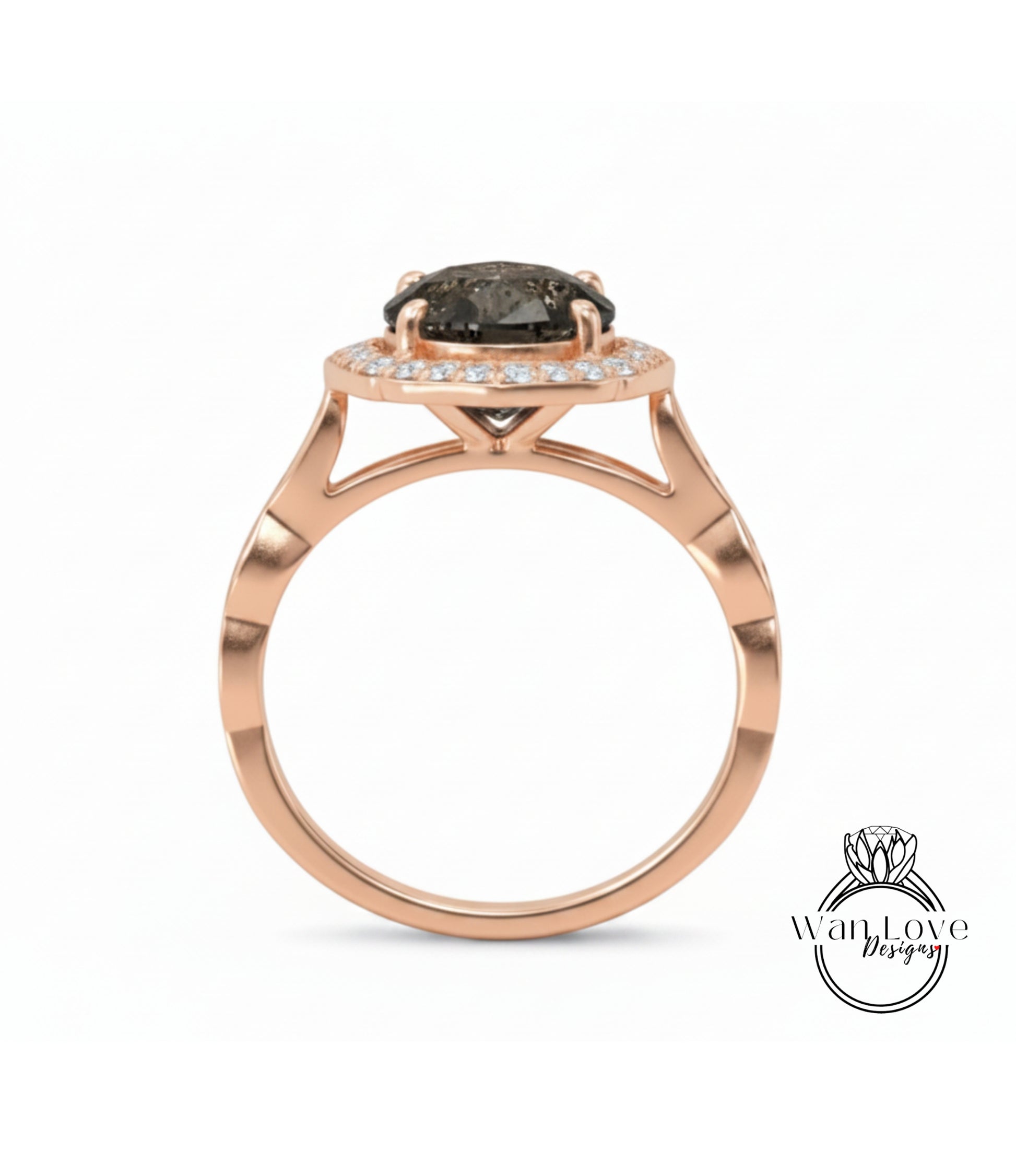 A rose gold ring with a large black gemstone in the center, set in a halo of smaller diamonds.