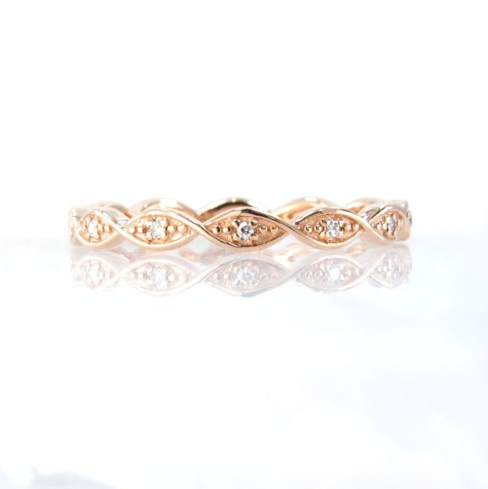 Rose Gold Thin Diamonds Twisted DNA Infinity Almost Eternity Wedding Band Ring, Ready to Ship Wan Love Designs