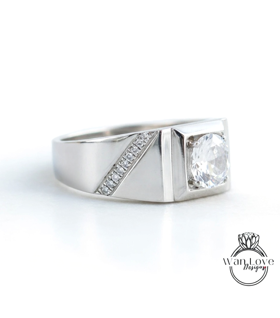 Mens White Sapphire & Diamond Wedding Ring-Round-Diagonal Bands-1.5ct-7mm-Silver Rhodium-Size 9.5-Anniversary Goft-Engagement-Ready to ship