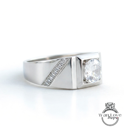 Mens White Sapphire & Diamond Wedding Ring-Round-Diagonal Bands-1.5ct-7mm-Silver Rhodium-Size 9.5-Anniversary Goft-Engagement-Ready to ship