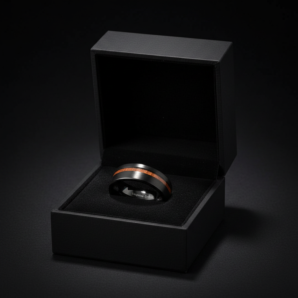 A black jewelry box containing a ring with a black band and a red or orange accent band.