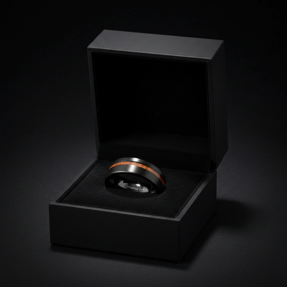 A black jewelry box containing a ring with a black band and a red or orange accent band.
