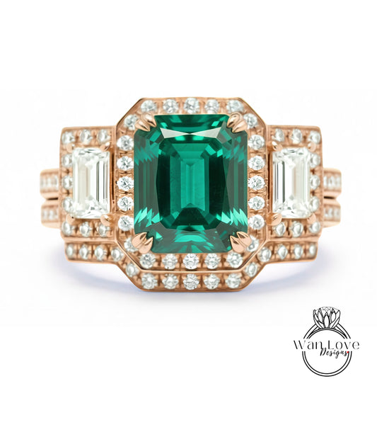 A stunning engagement ring with a large, vibrant green gemstone surrounded by smaller diamonds set in a rose gold band.