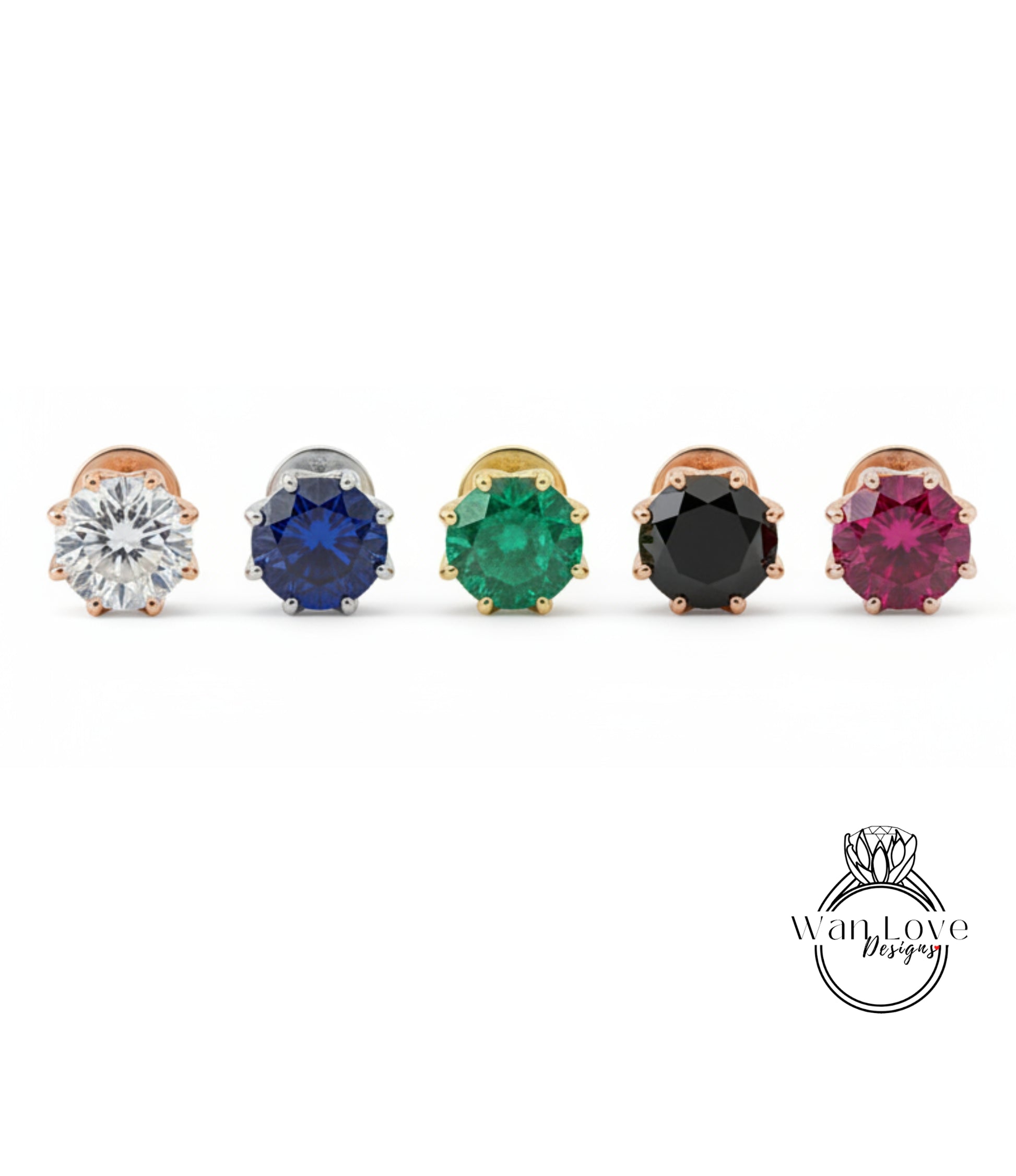 a collection of five diamond earrings, each with a unique color gemstone.