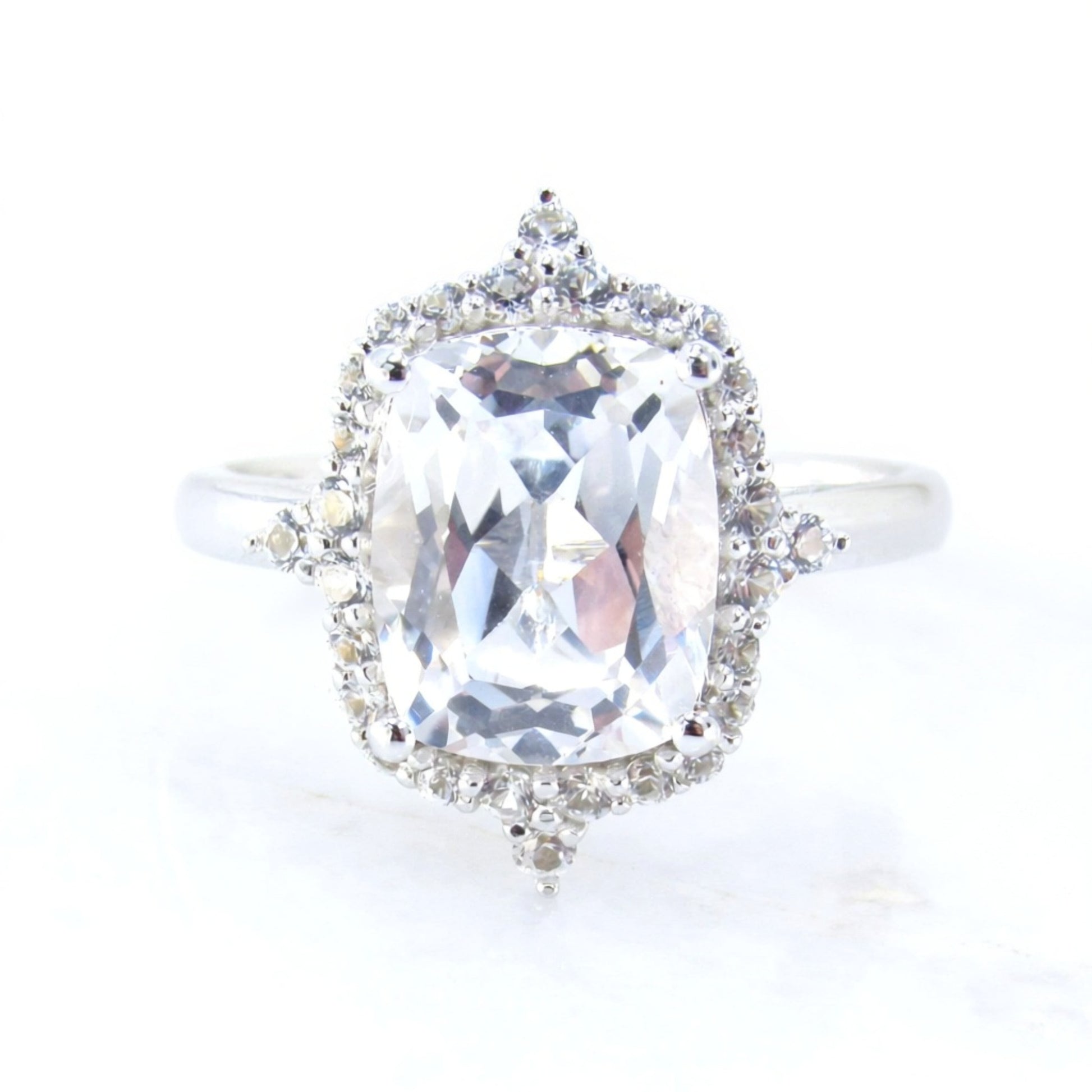 4ct Unique Floral Halo White Sapphire Engagement Ring, Elongated Cushion Sapphire Ring, White Gold Bridal Wedding Anniversary, Ready to Ship Wan Love Designs