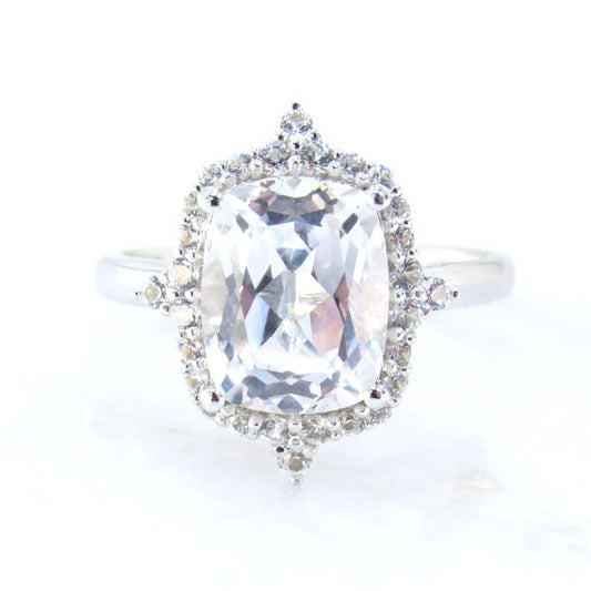 4ct Unique Floral Halo White Sapphire Engagement Ring, Elongated Cushion Sapphire Ring, White Gold Bridal Wedding Anniversary, Ready to Ship Wan Love Designs