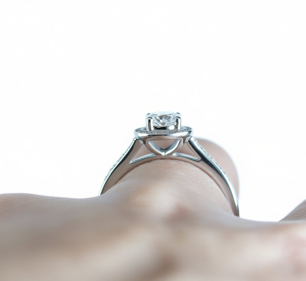 White Sapphire & Diamond Channel set Halo Engagement Ring-Round-.8ct-5mm-925 Silver Rhodium-Custom-Wedding-Anniversary Gift-Ready to Ship