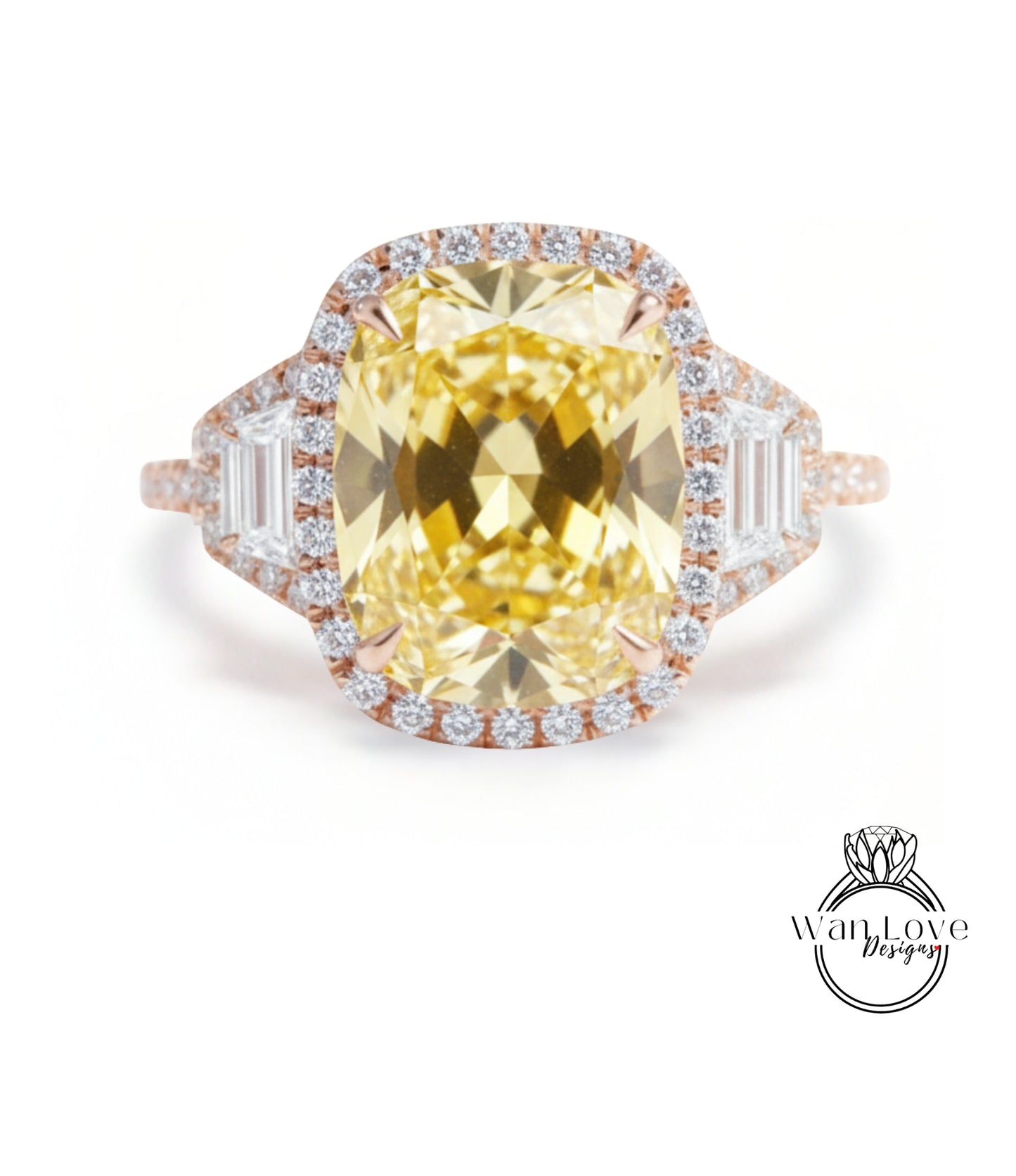 A large, yellow diamond ring with a halo of smaller diamonds around the center stone.