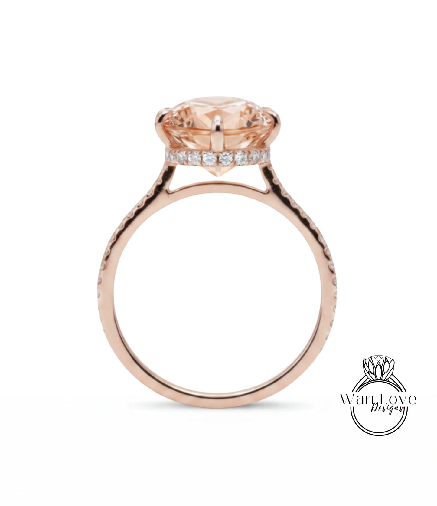 A rose gold engagement ring with a large round diamond set in the center, surrounded by smaller diamonds.