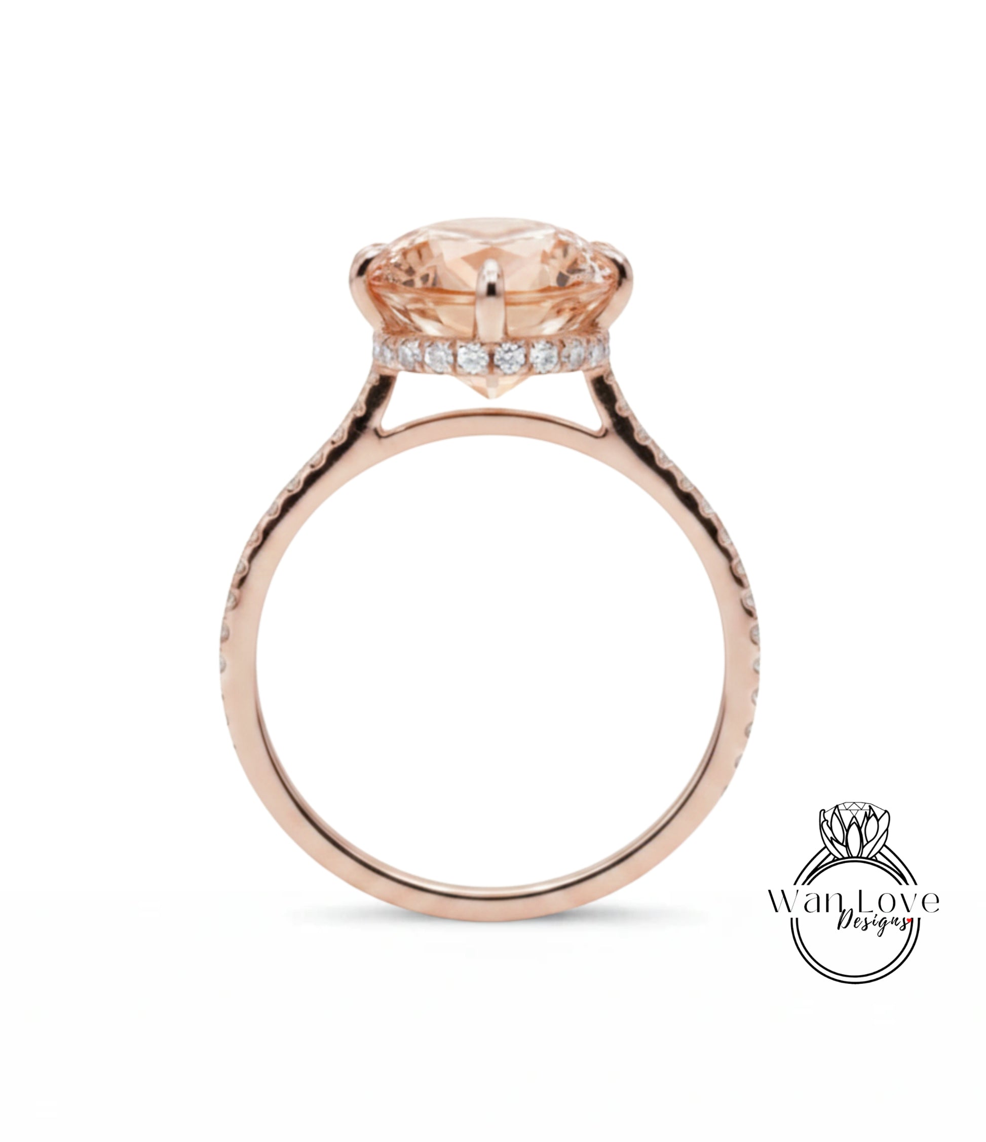 A rose gold engagement ring with a large round diamond set in the center, surrounded by smaller diamonds.