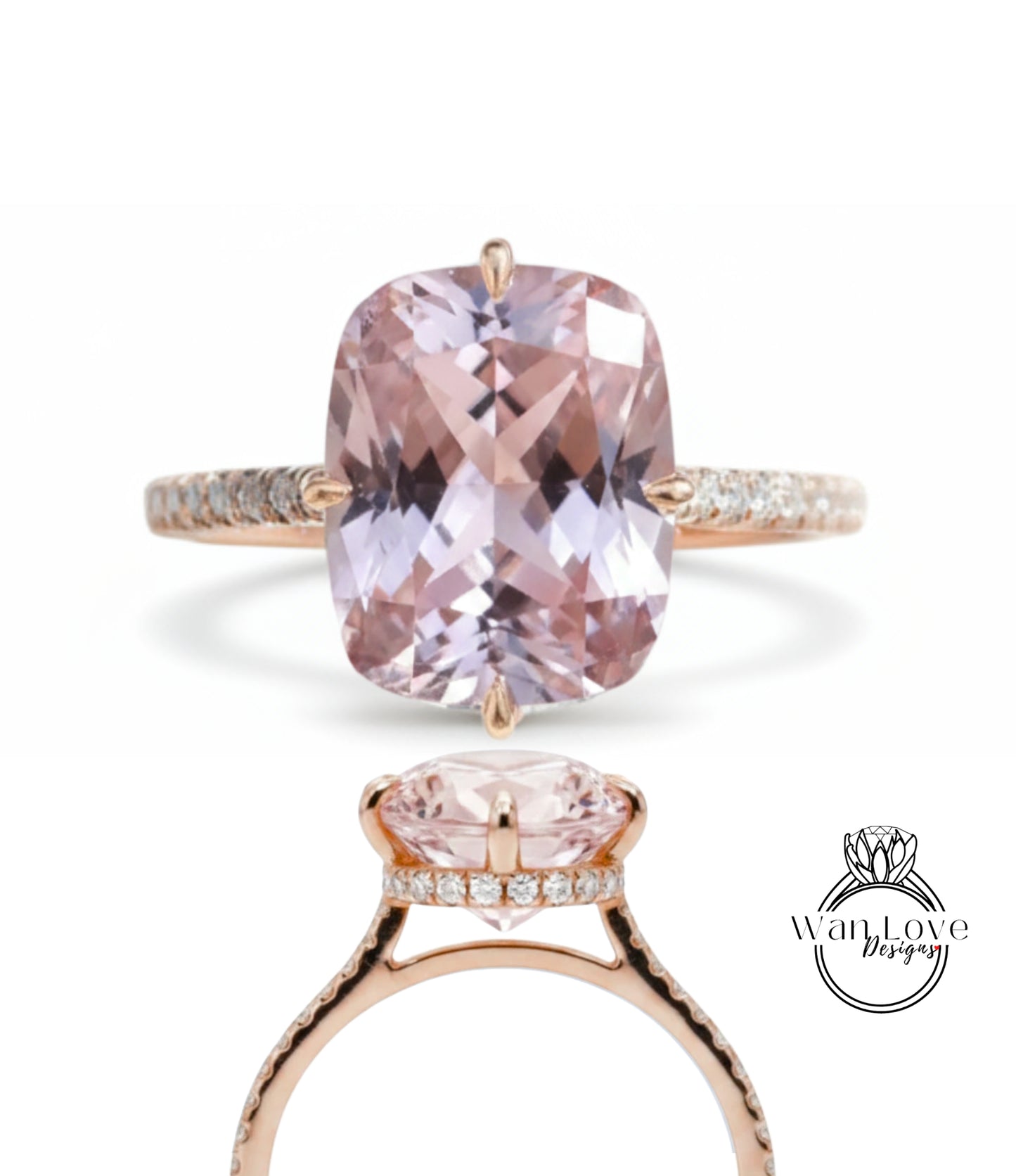 A large, pink gemstone engagement ring with a gold band and small diamonds.