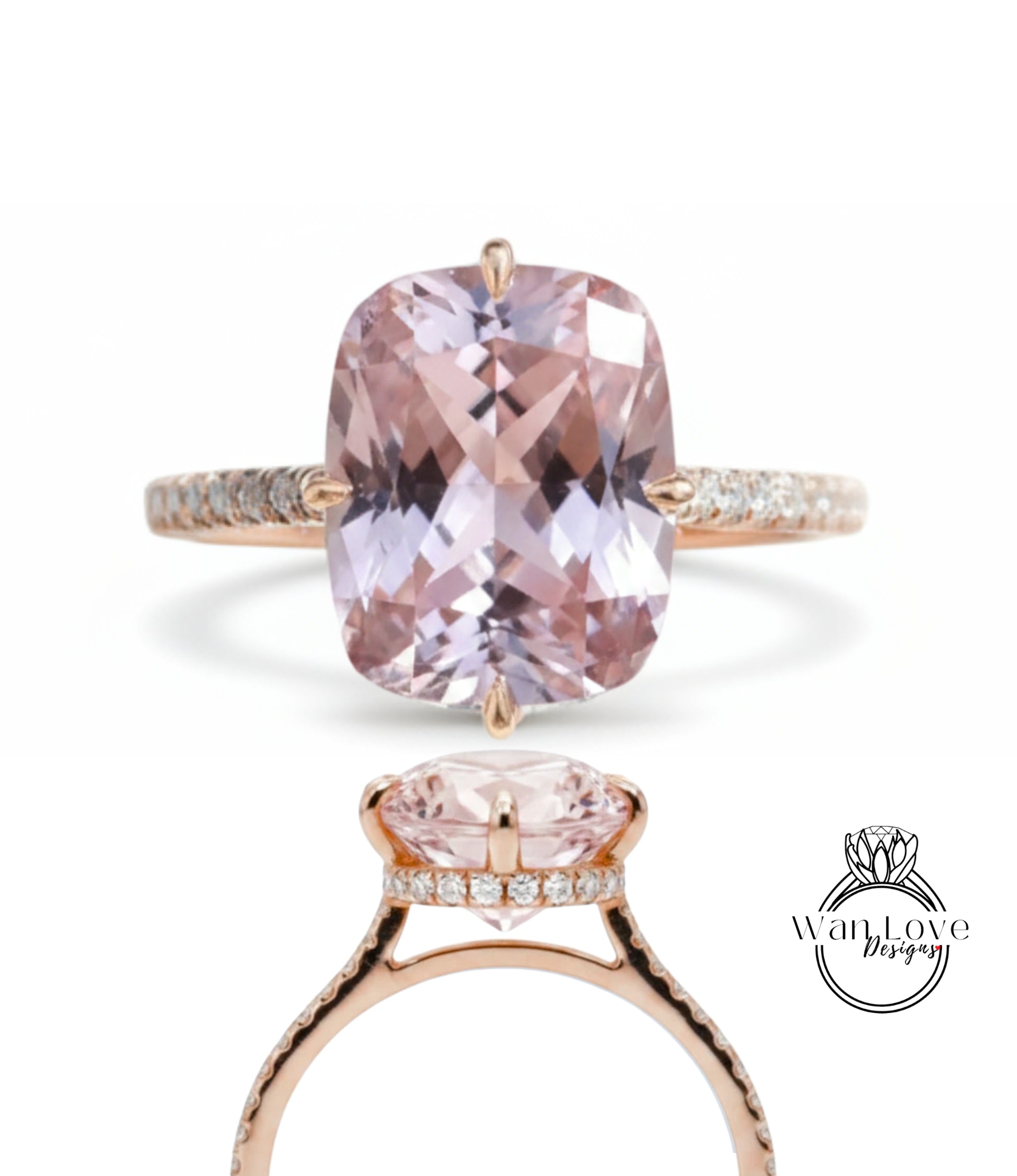 A large, pink gemstone engagement ring with a gold band and small diamonds.