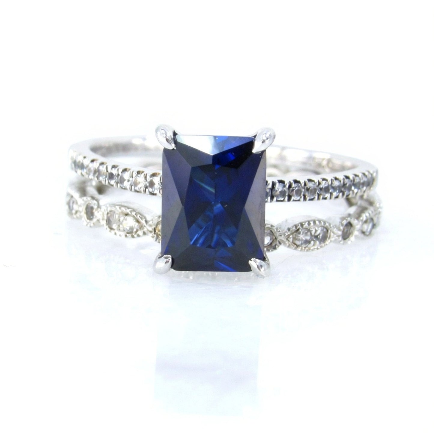 Vintage Bridal Set/ Art Deco 2CT Emerald Cut Blue White Sapphire Wedding Sets/ Scalloped Sapphire Wedding Rings/ Ready to Ship Ring set Wan Love Designs