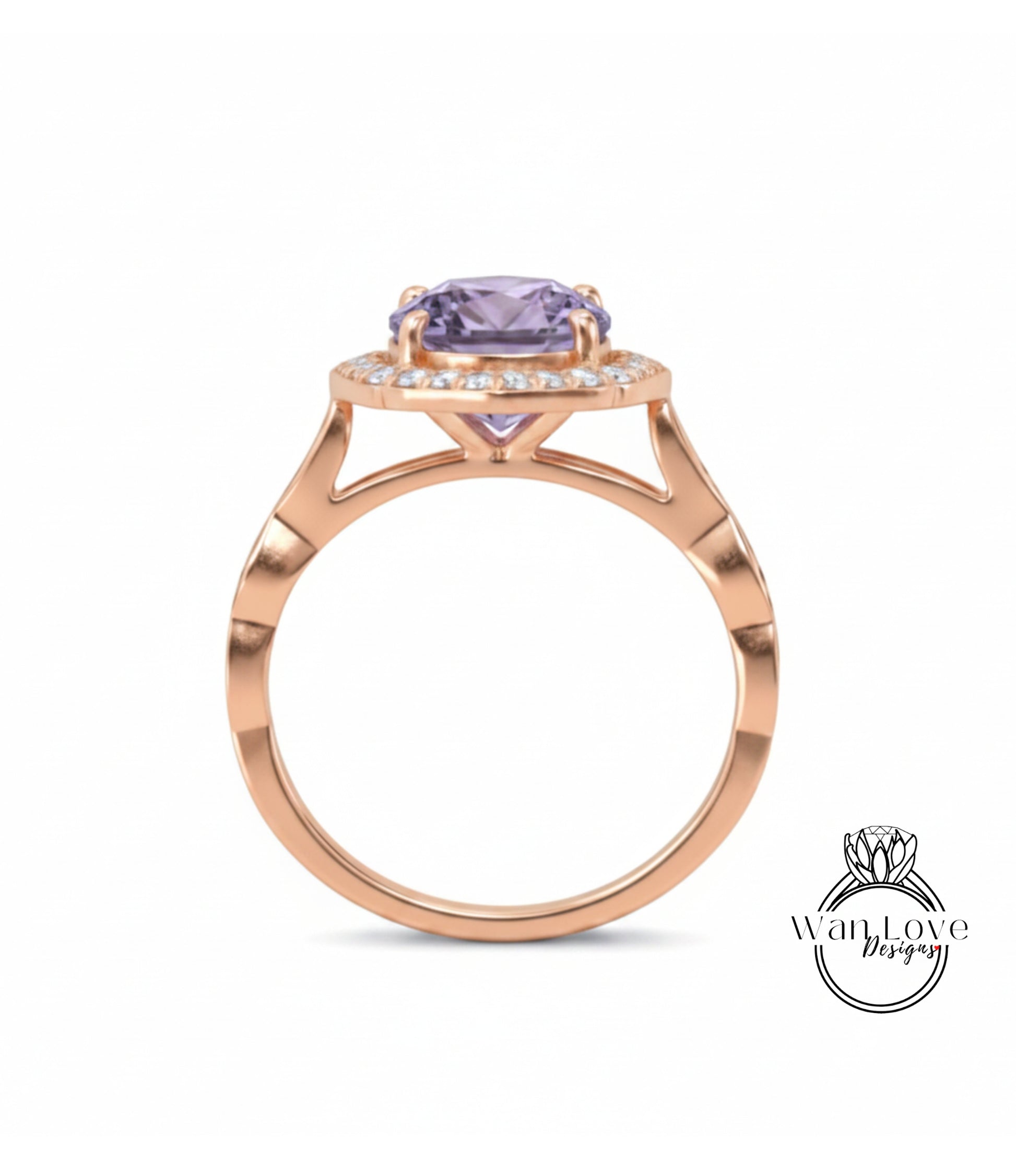 A rose gold ring with a large purple gemstone set in the center, showcasing the intricate design and craftsmanship of the jewelry piece.
