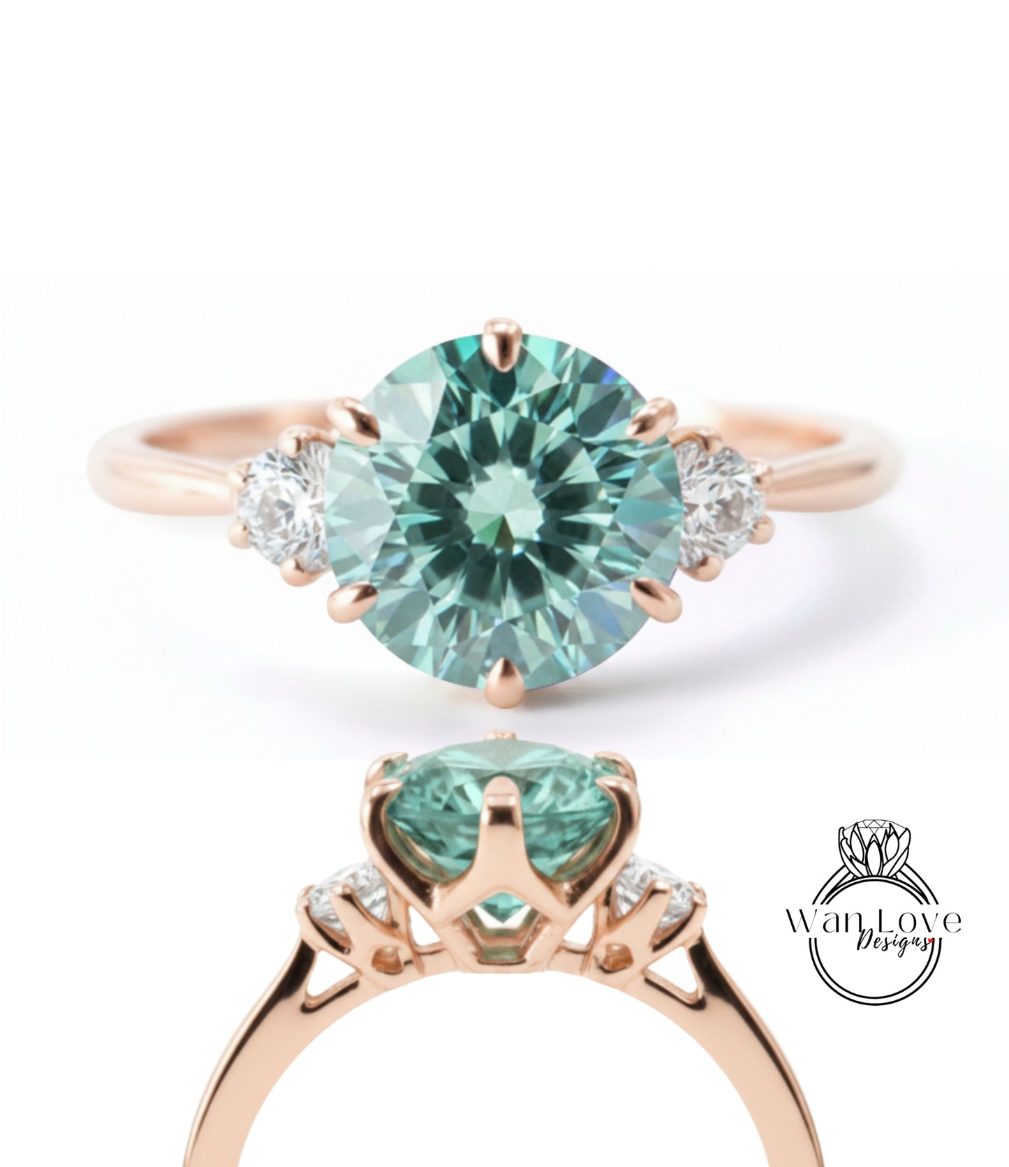 a beautiful engagement ring with a large, round, green gemstone set in a rose gold band. The ring is adorned with three smaller diamonds on either side of the large gemstone, creating a symmetrical and elegant design.