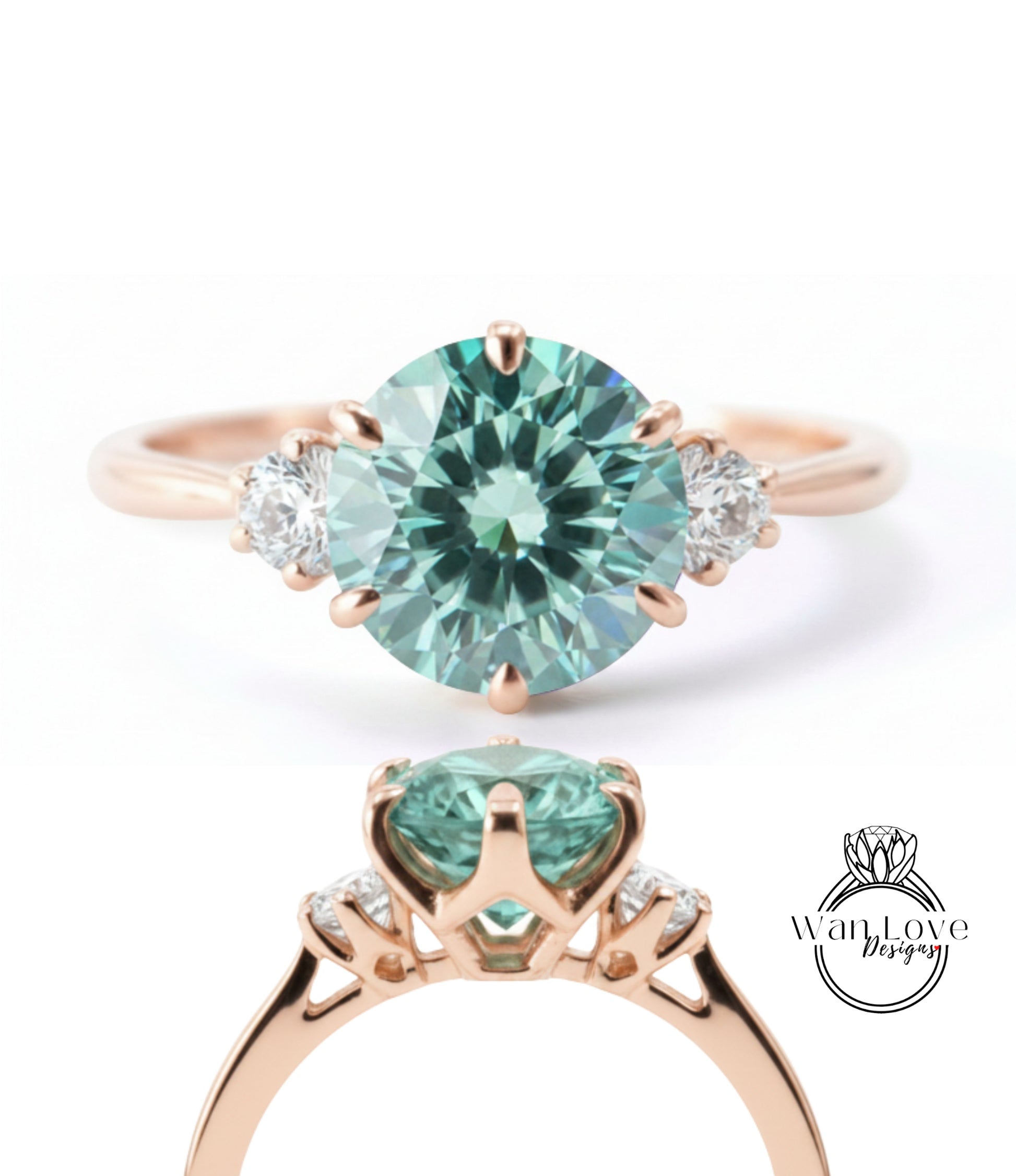 a beautiful engagement ring with a large, round, green gemstone set in a rose gold band. The ring is adorned with three smaller diamonds on either side of the large gemstone, creating a symmetrical and elegant design.