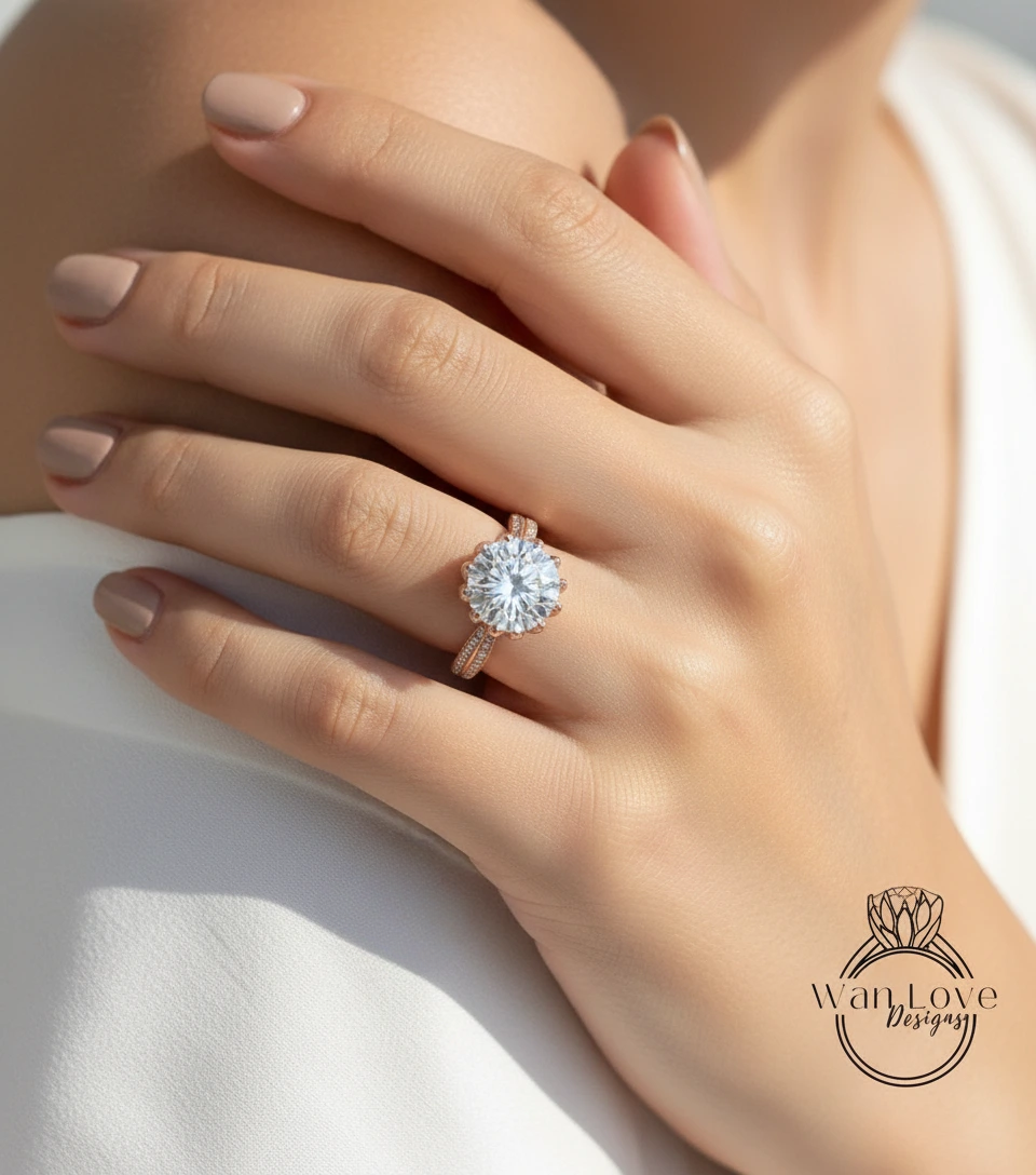 A close-up of a person's hand wearing a large, sparkling diamond engagement ring.
