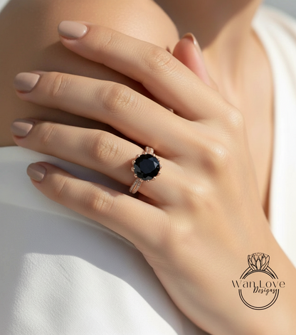Black Spinel & Diamond Lotus Flower Engagement Ring, Floral, Round, Custom made size, Wedding, Promise,Anniversary Gift,Commitment