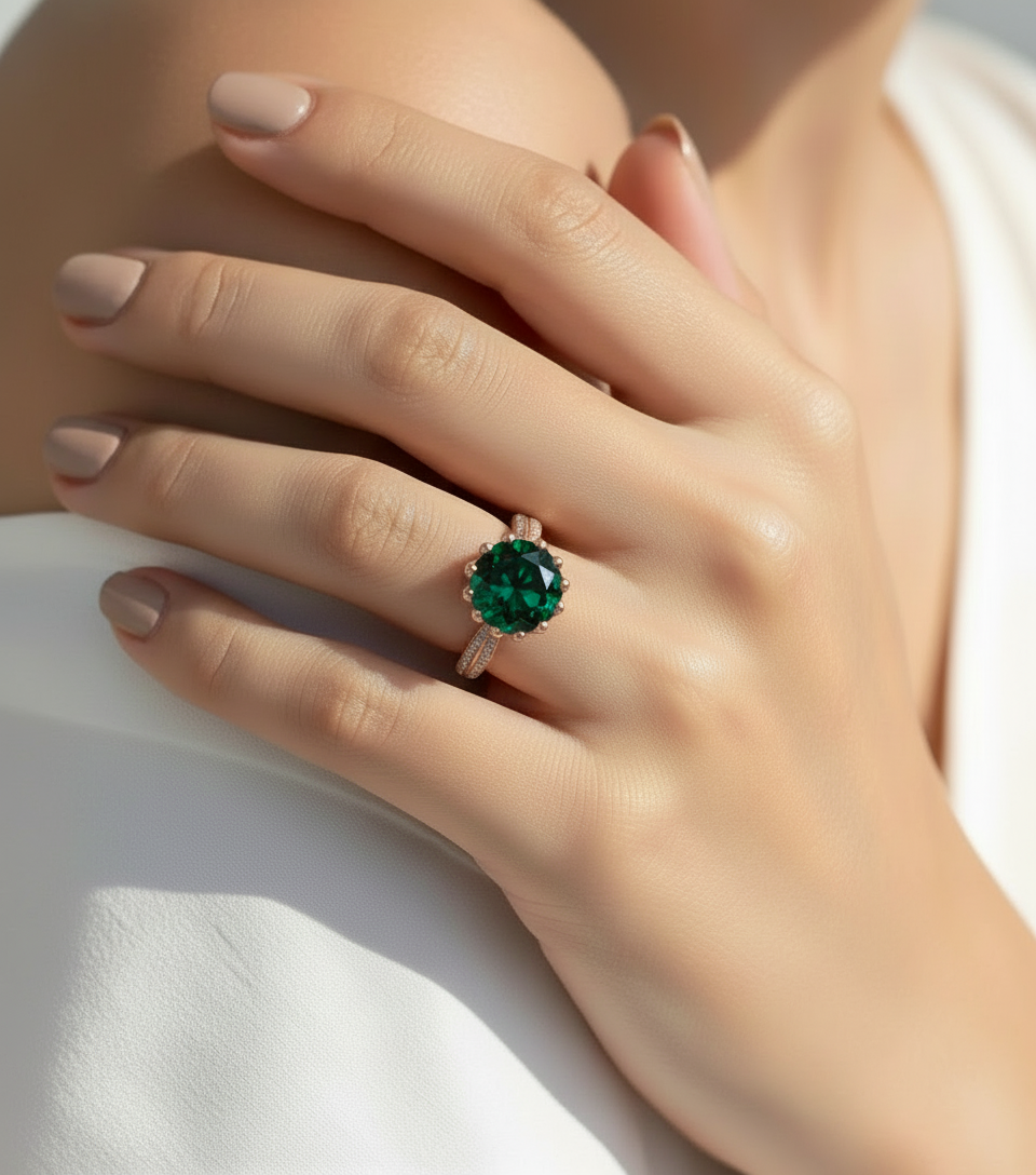 Lotus Flower ring, Emerald Flower Ring, Emerald & Diamond Gold Ring, Vintage Emerald Ring 14k Gold Lotus floral Emerald Engagement Ring