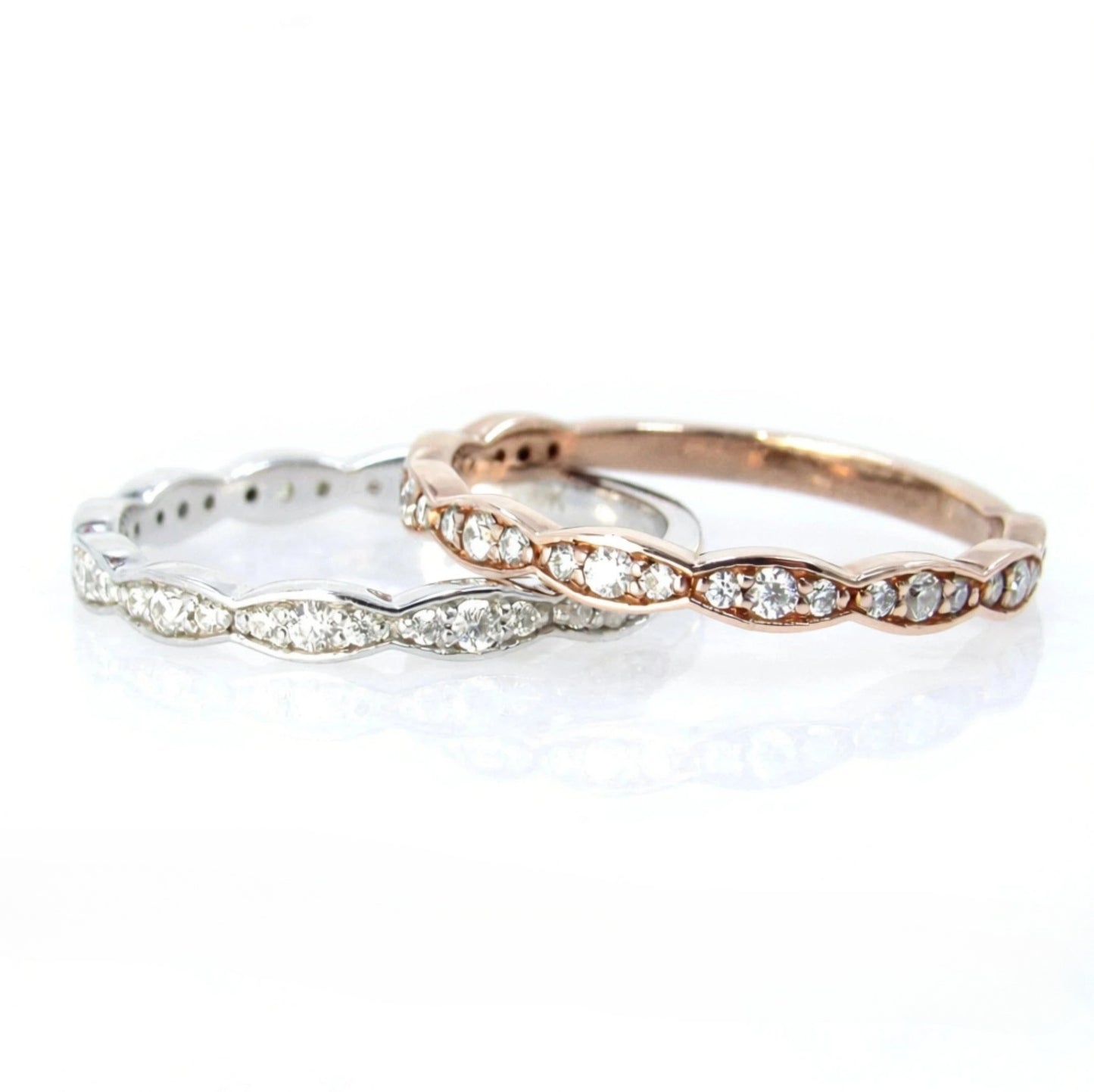 Moissanite Scalloped Smooth Edge Almost Eternity Moissanite Wedding Band Ring White or Rose bridal Anniversary wedding ring Gift for her Wan Love Designs