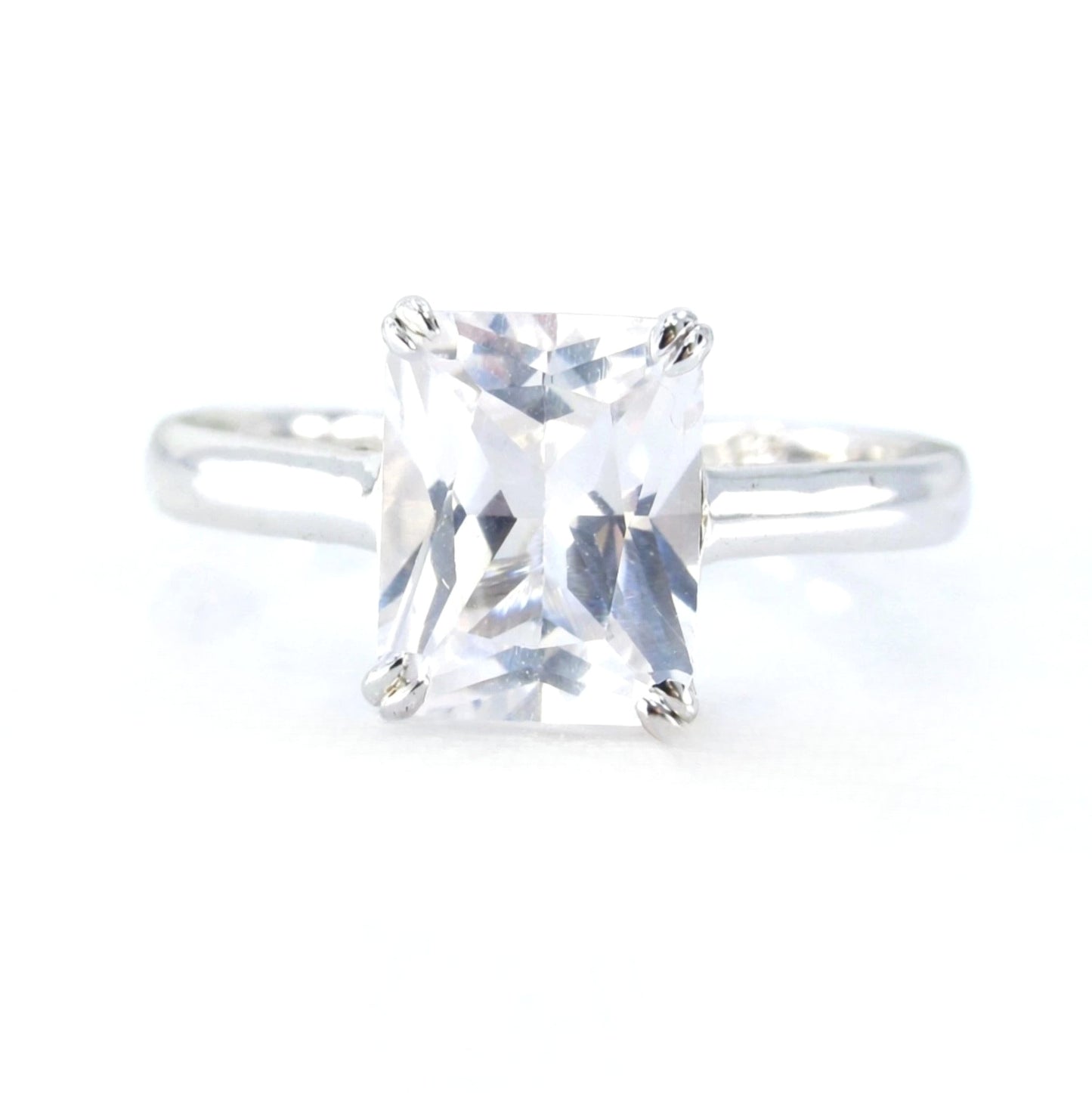 Solitaire emerald cut White Sapphire engagement ring 4 double prong minimalist ring 3ct anniversary gift promise ring, Ready to ship ring Wan Love Designs