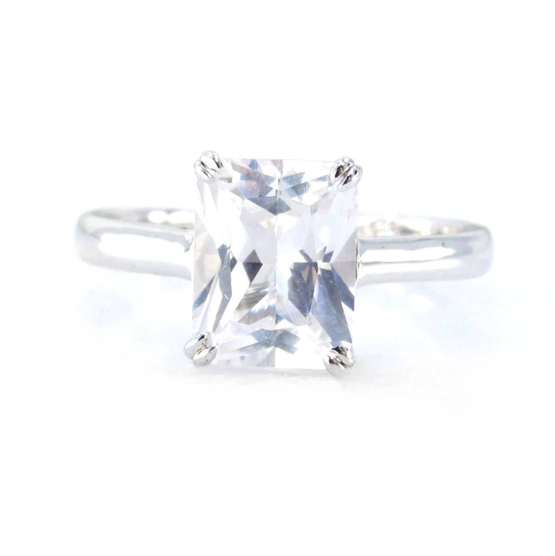 Solitaire emerald cut White Sapphire engagement ring 4 double prong minimalist ring 3ct anniversary gift promise ring, Ready to ship ring Wan Love Designs