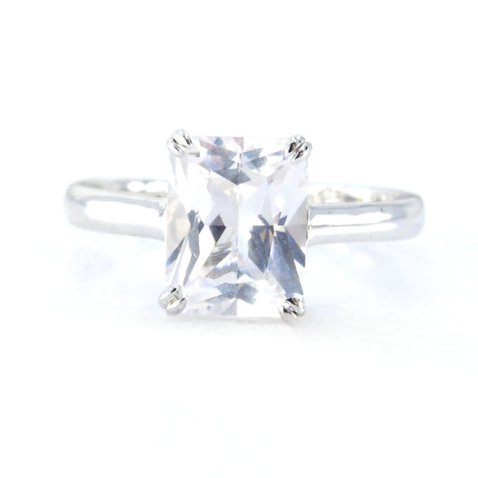 Solitaire emerald cut White Sapphire engagement ring 4 double prong minimalist ring 3ct anniversary gift promise ring, Ready to ship ring Wan Love Designs