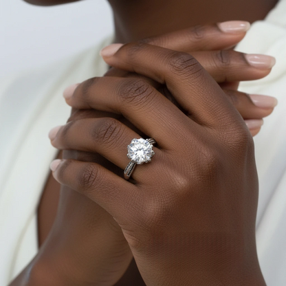 Black & White Moissanite Diamond Lotus Flower Engagement Ring vintage round woman nature petals ring Unique Bridal ring Anniversary gift