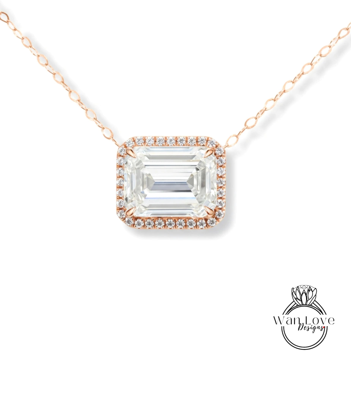 A necklace with a large, clear gemstone set in a halo of smaller diamonds.