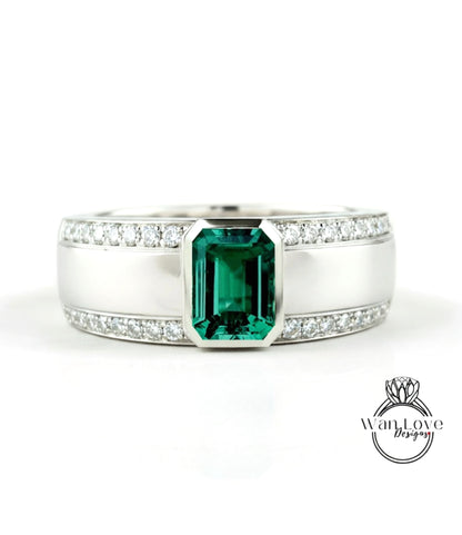 Emerald cut Sapphire and Diamond Men Ring in 14k White Gold | Blue Sapphire Ring | Mans Wedding Ring | Gifts For Him | Birthstone Mens Ring