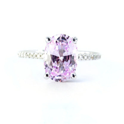 Light Pink Sapphire engagement ring diamond side halo ring 14k white gold diamond hidden halo almost eternity unique Promise Bridal ring Wan Love Designs