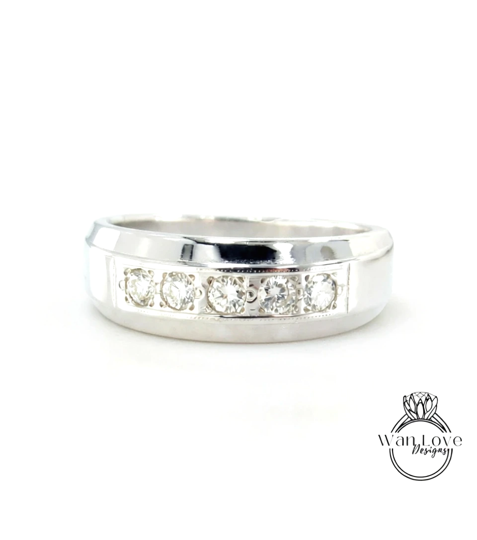 Mens Black Diamond Wedding Ring | White Gold Mens Wedding Band | Round Cut Black Spinel Band | 14k/18k Gold/Platinum Ring |His Wedding Band