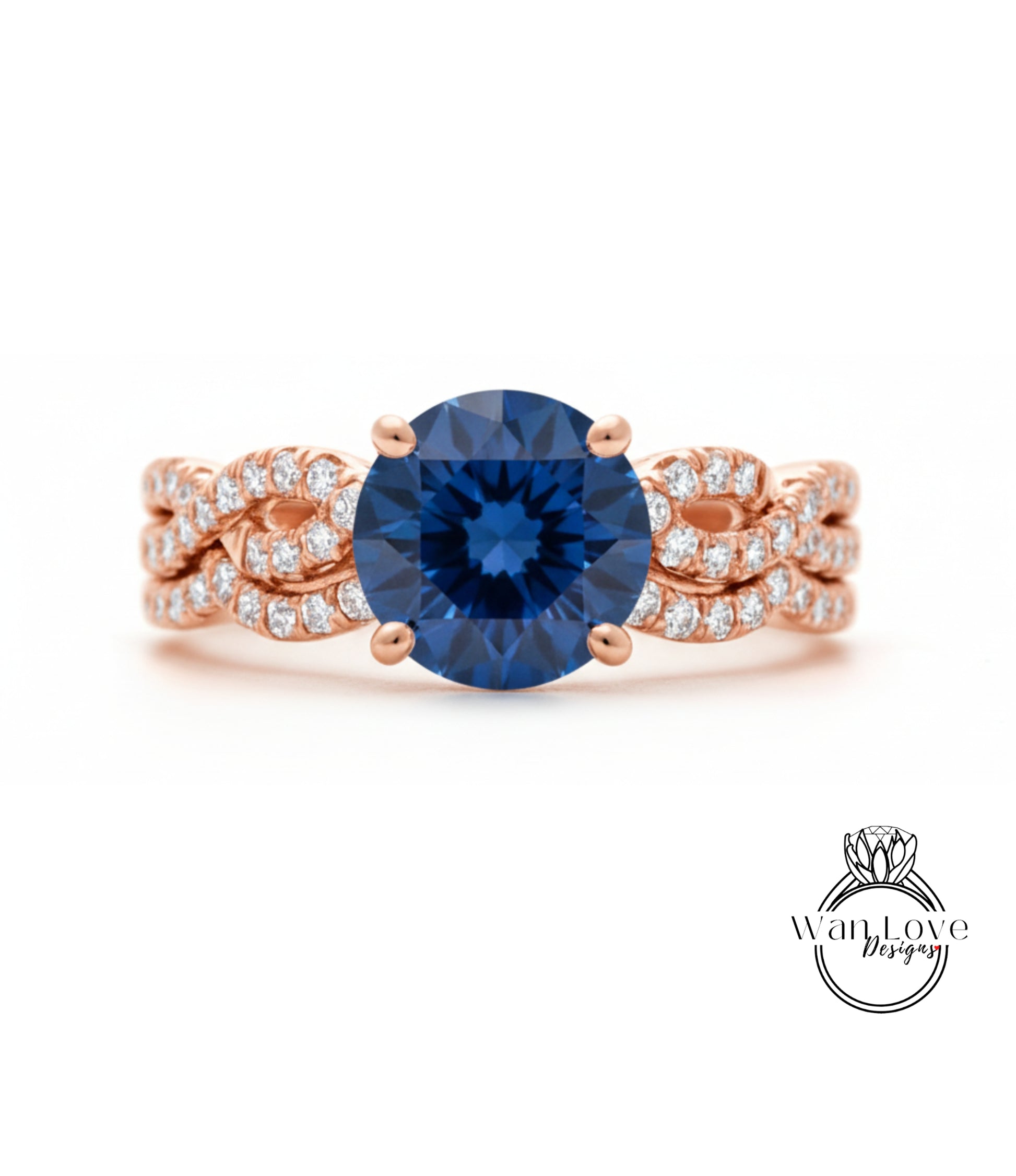 A rose gold engagement ring with a large blue gemstone at the center, surrounded by smaller diamonds.