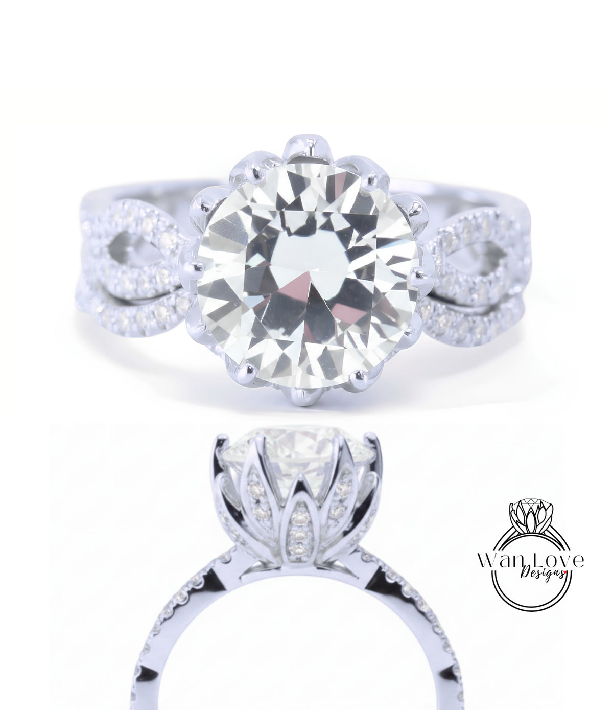 A stunning diamond engagement ring with a large round brilliant cut diamond set in a silver band adorned with smaller diamonds.