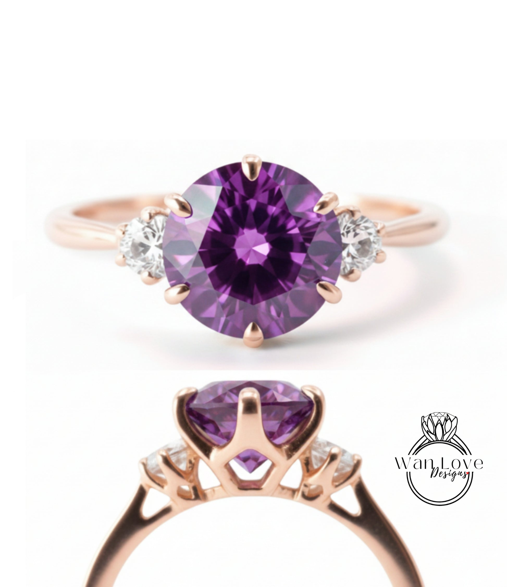 a beautiful engagement ring with a large purple gemstone set in a rose gold band.