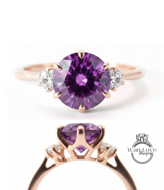 a beautiful engagement ring with a large purple gemstone set in a rose gold band.