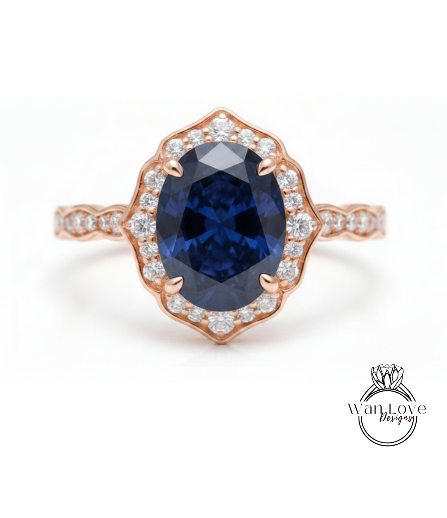 a beautiful rose gold ring with a large oval-shaped blue gemstone set in the center, surrounded by smaller diamonds.