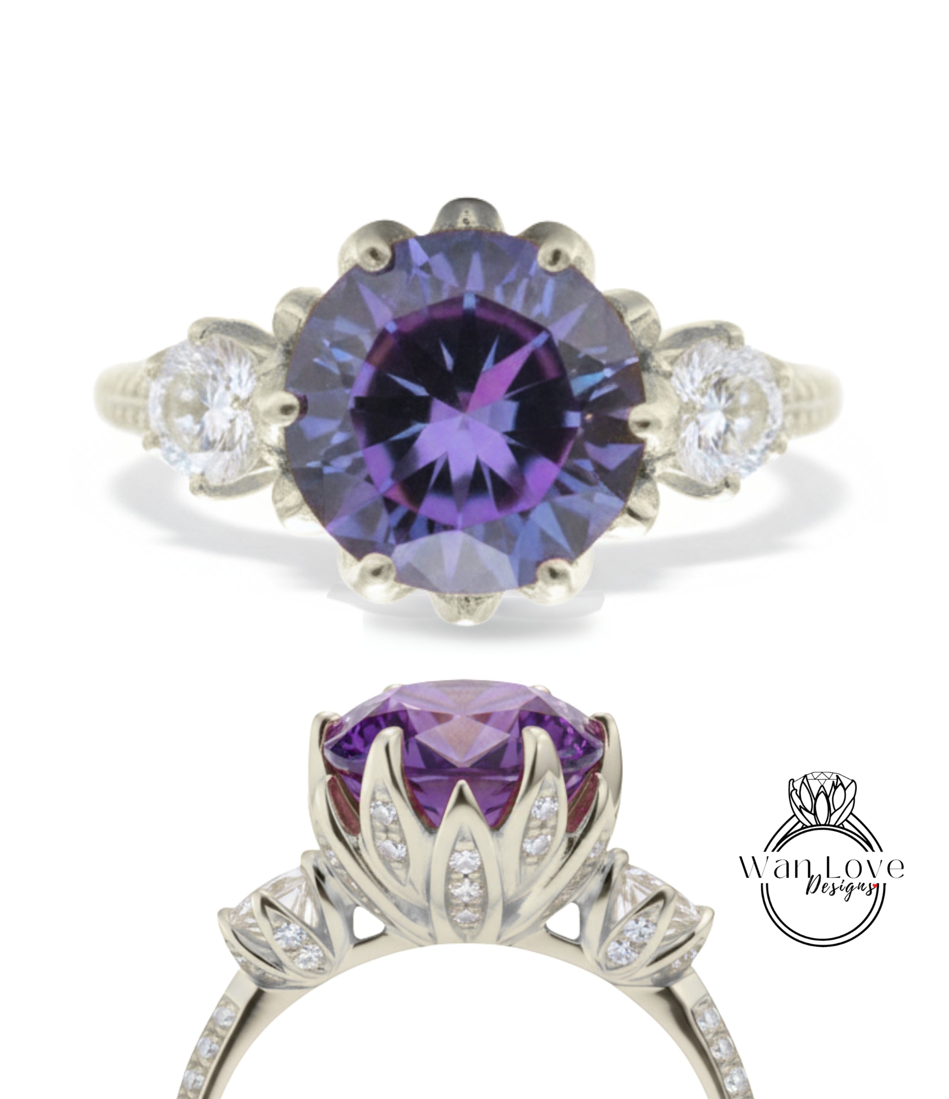 a beautiful purple gemstone ring with a large central purple gemstone surrounded by smaller diamonds.