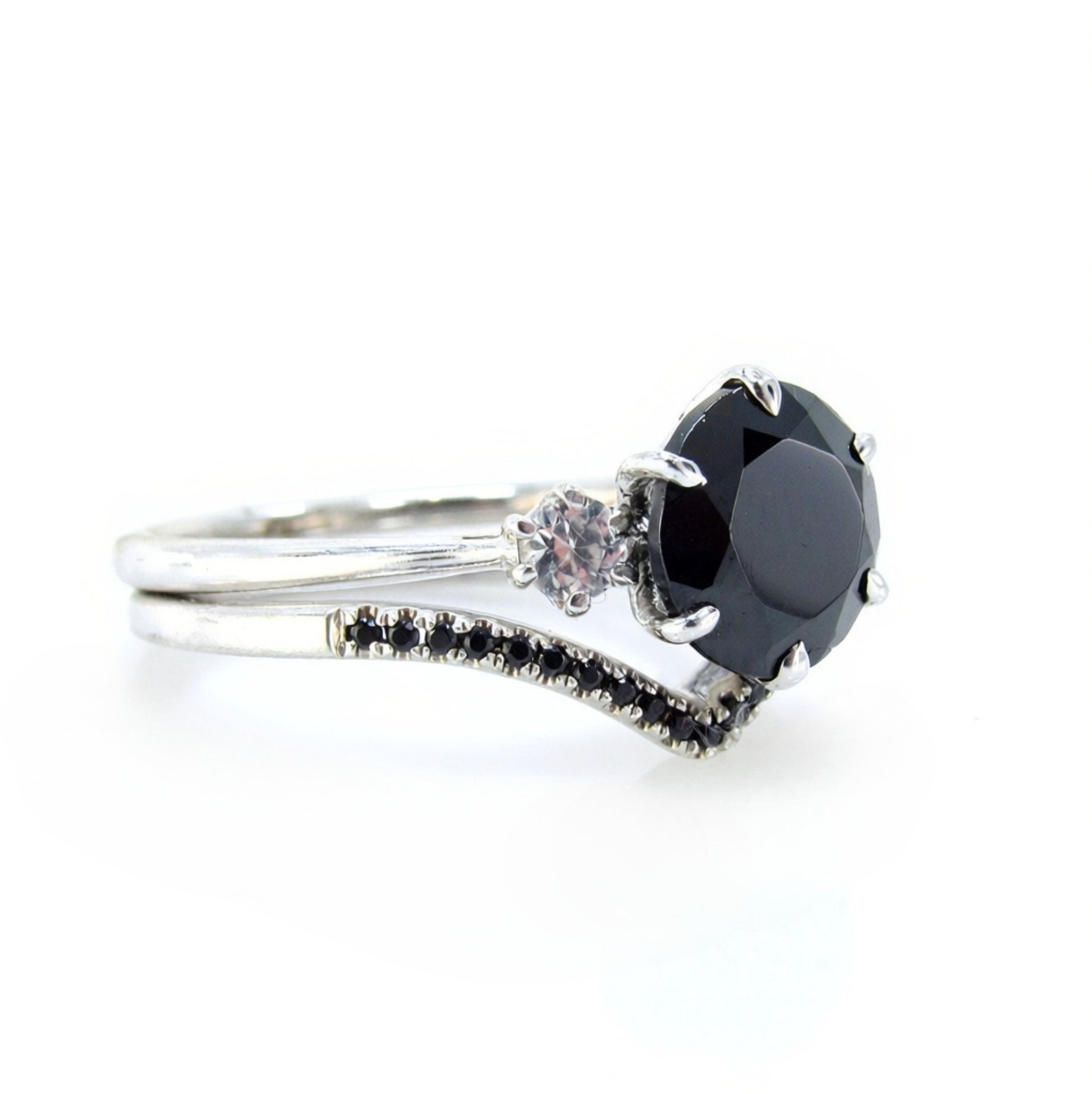 Vintage Round Black Spinel three stone engagement ring Antique White Sapphire ring unique prong wedding bridal ring anniversary promise ring