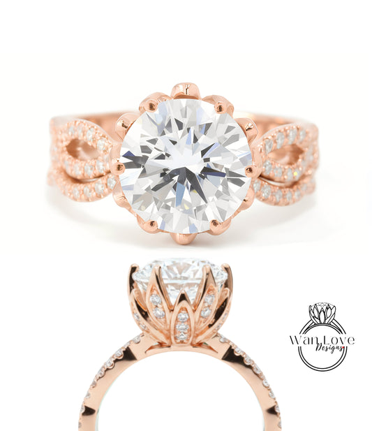 a beautiful rose gold engagement ring with a large, round diamond set in the center. The ring has a delicate, flower-like design around the diamond, and the band is adorned with small diamonds. The image showcases the ring from various angles, highlighting its intricate details and elegant design.