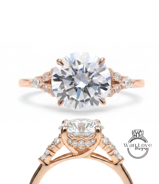 a beautiful engagement ring with a large round diamond set in a rose gold band adorned with small diamonds.