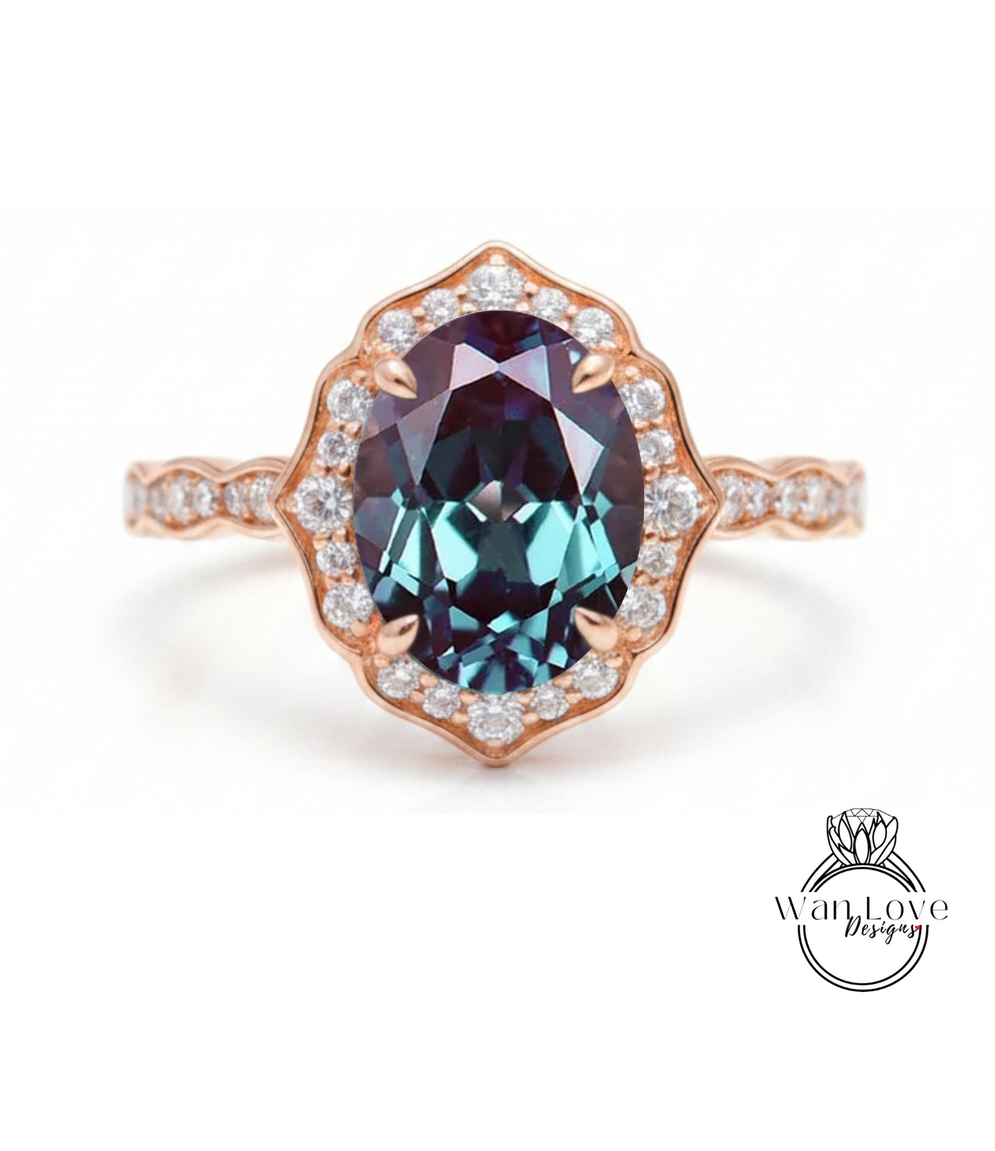 a beautiful ring with a large oval-shaped gemstone set in a rose gold band, surrounded by smaller diamonds.