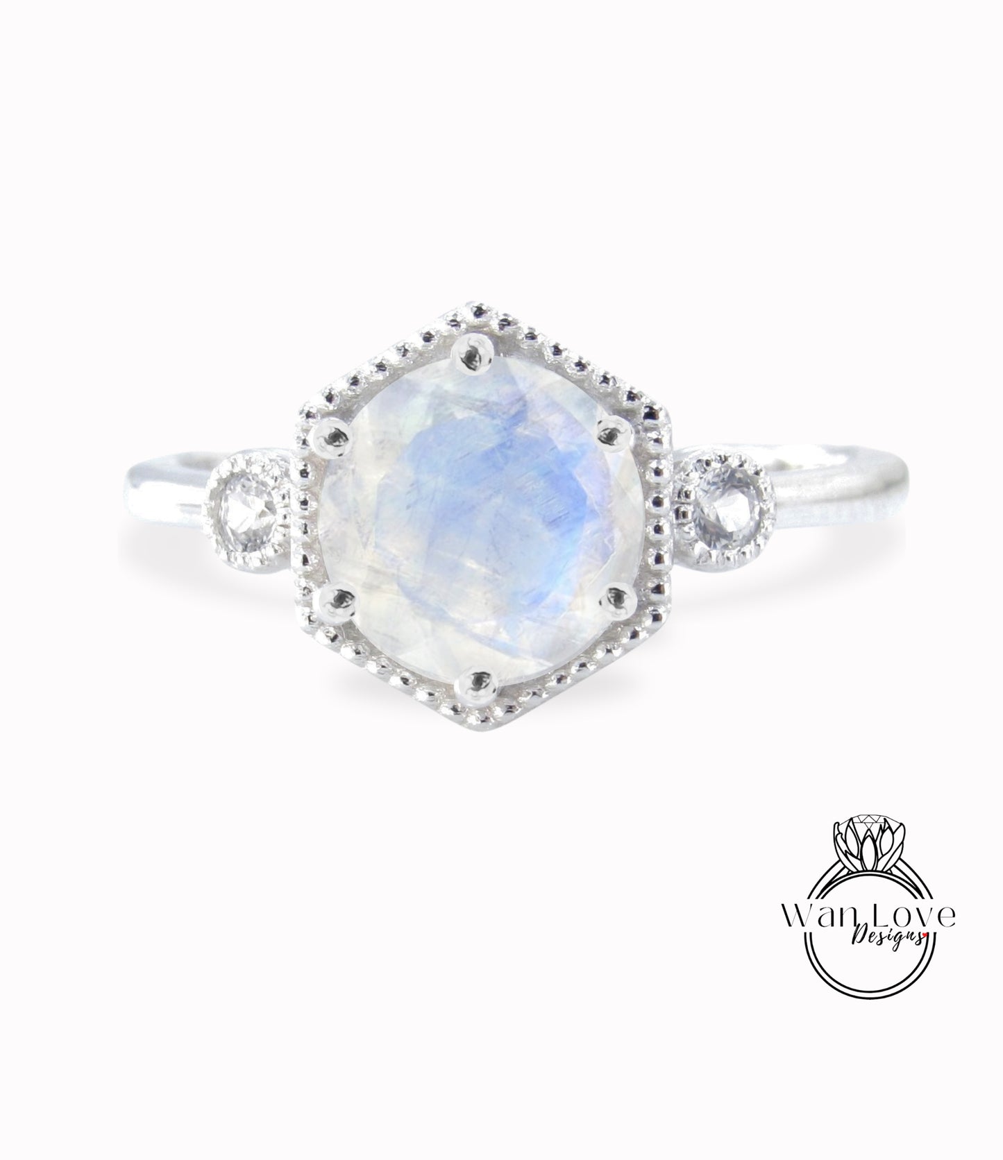 Moonstone & Diamond Hexagon Milgrain 3 Stone Round Engagement Ring, 14k 18k White Yellow Rose Gold,Custom, Wedding, Anniversary Gift