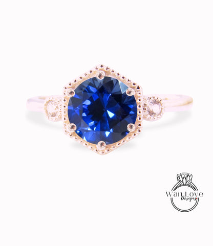 Anello di fidanzamento rotondo con 3 pietre esagonali con zaffiro blu e diamante, oro rosa giallo bianco 14k 18k, personalizzato, matrimonio, regalo di anniversario