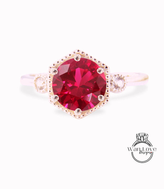 Round Ruby Ring, Hexagon Ruby Engagement Ring, Red Engagement Ring, Round Milrgain Bezel Diamond Ring